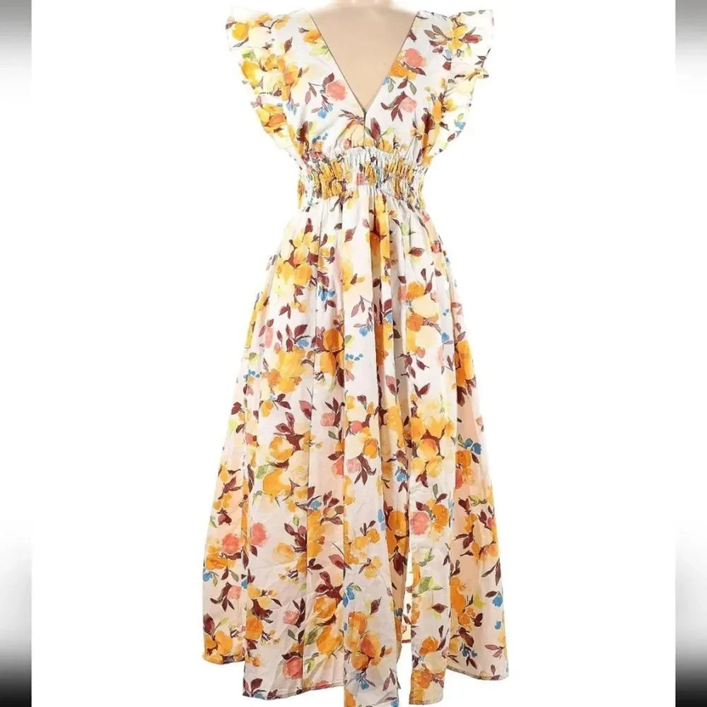 NWT Abercrombie & Fitch Yellow Ruffled Sleeve Floral Cotton Dress sz M